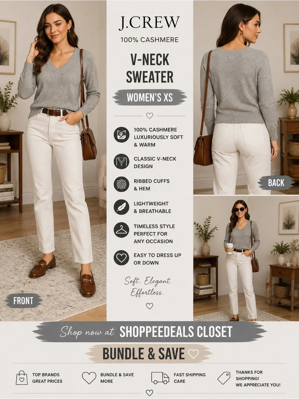 J.Crew 100% Cashmere V-Neck Sweater – Heather Gray – Women’s XS